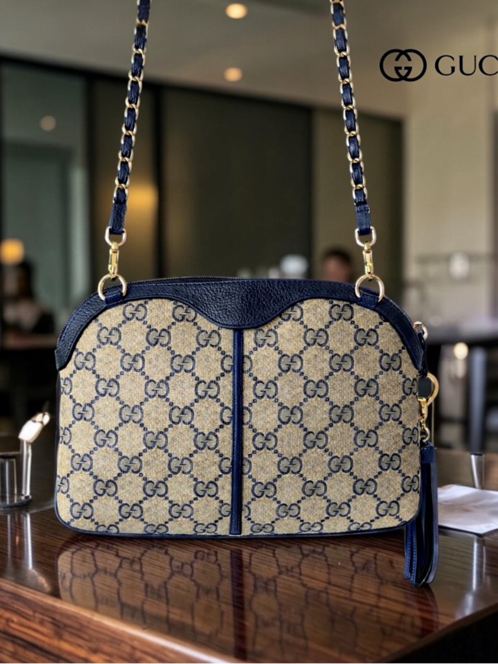Gucci Beige GG Supreme Crossbody Blue & Red Web Stripe 2 straps-chain & original - Picture 5 of 6